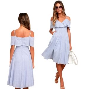 Lulu's Yacht Rock Blue & White Striped Off-the-Shoulder Midi Dress - Sz XL